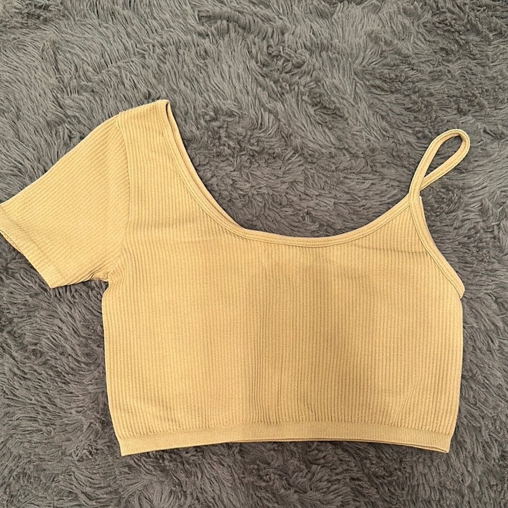 ZARA Asymmetrical Sleeve Beige Ribbed Women's Top Size XS-S